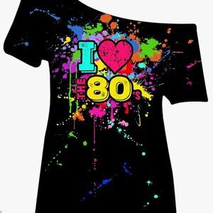 NEW Geyoga "I Love The 80's " Costumes 80s Off Shoulder T-Shirt Tops Neon - M